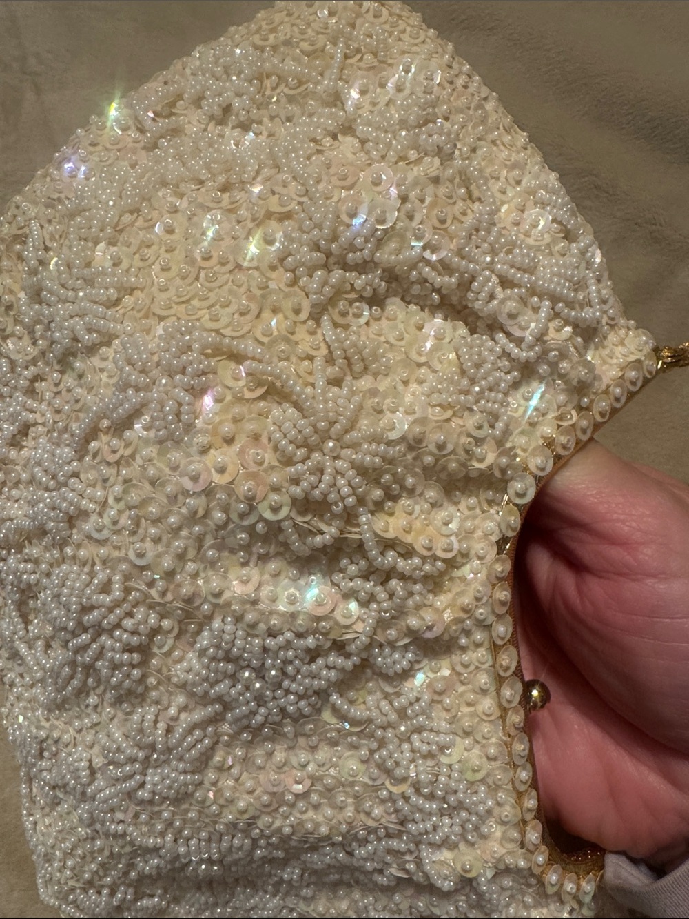 Ivory Sequin Beaded Handbag with Gold Handle - Picture 2 of 3